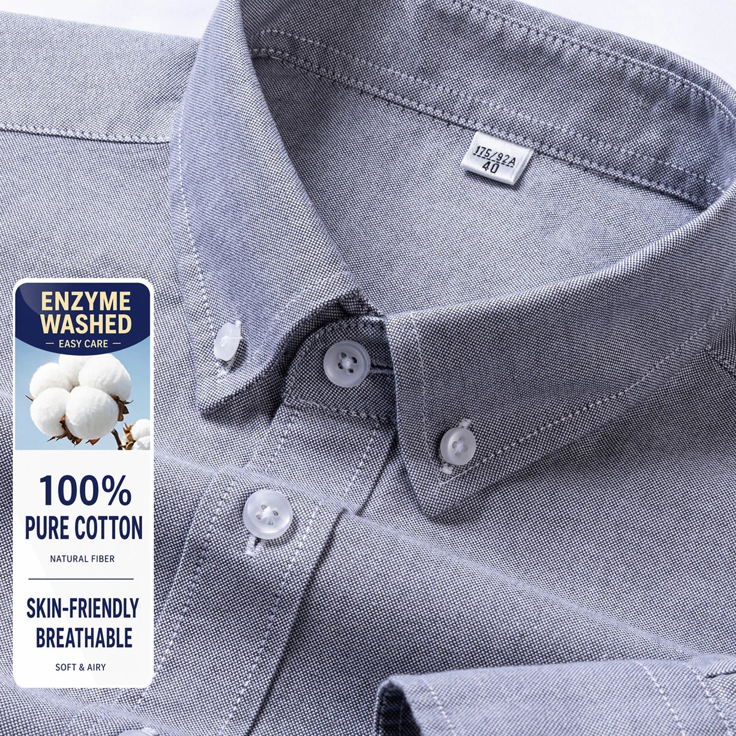 Men Cotton Oxford Shirt Long Sleeve Button Down Casual Business Shirt Pre-Shrunk Enzyme Washed Breathable Wrinkle Resistant