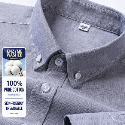 Men Cotton Oxford Shirt Long Sleeve Button Down Casual Business Shirt Pre-Shrunk Enzyme Washed Breathable Wrinkle Resistant