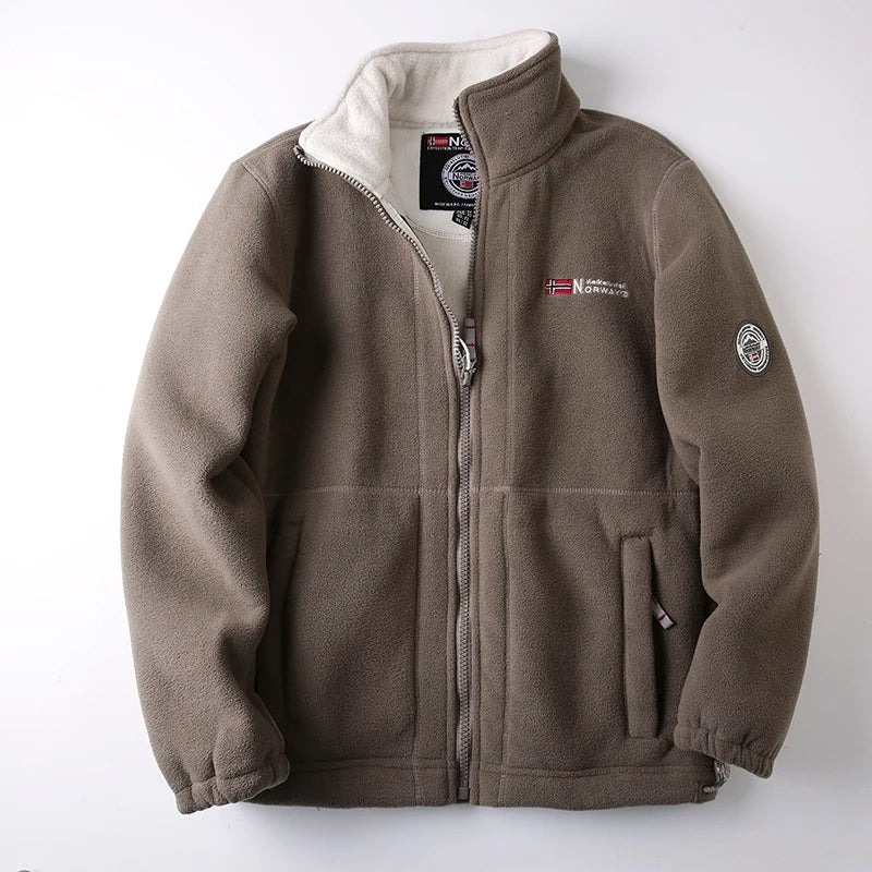 Men's Thickened Fleece Jacket Autumn Winter Double-sided Lamb Fur Hooded Coat Outdoor Windproof Zipper Short Style Polyester