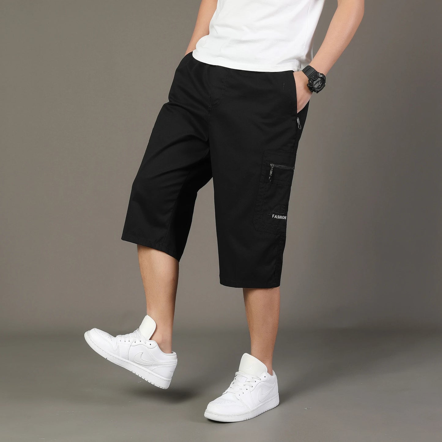 Summer Zipper Pocket Workwear Shorts Mens Knee Cargo Pants 2026 Cotton Shorts Men Climbing Jogger Elastic Waist Sports Work Wear
