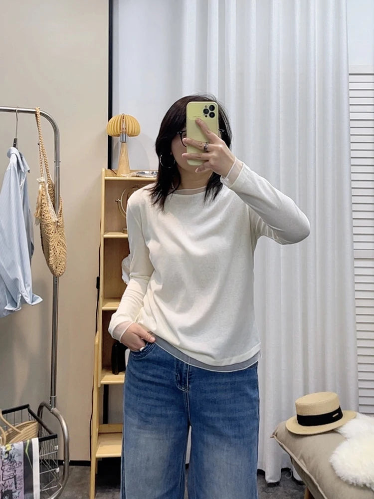 Spring New plus Size round Neck Mesh Splice Loose Long Sleeve Base Shirt Women Fat MM Slimming Belly Cover Simple T-shirt