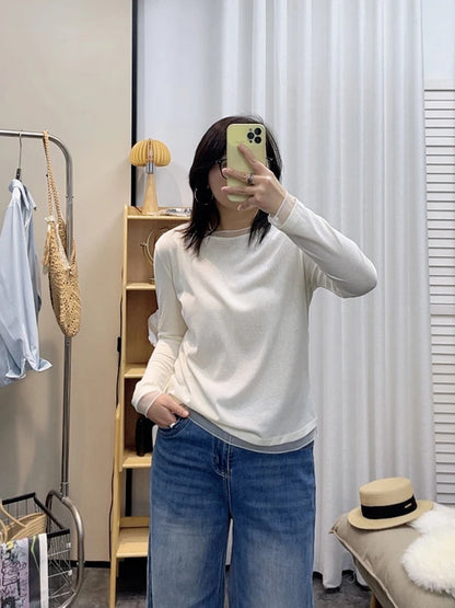 Spring New plus Size round Neck Mesh Splice Loose Long Sleeve Base Shirt Women Fat MM Slimming Belly Cover Simple T-shirt