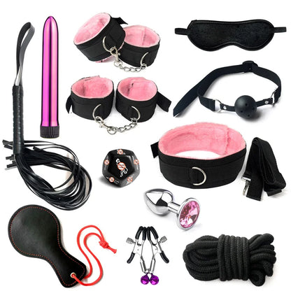 Sex Bondage Set Plush Sex Toy BDSM Kits for Women Couples Adult Games Adjustable Handcuffs Ankle Whip Gag Nipple Clamps Toys