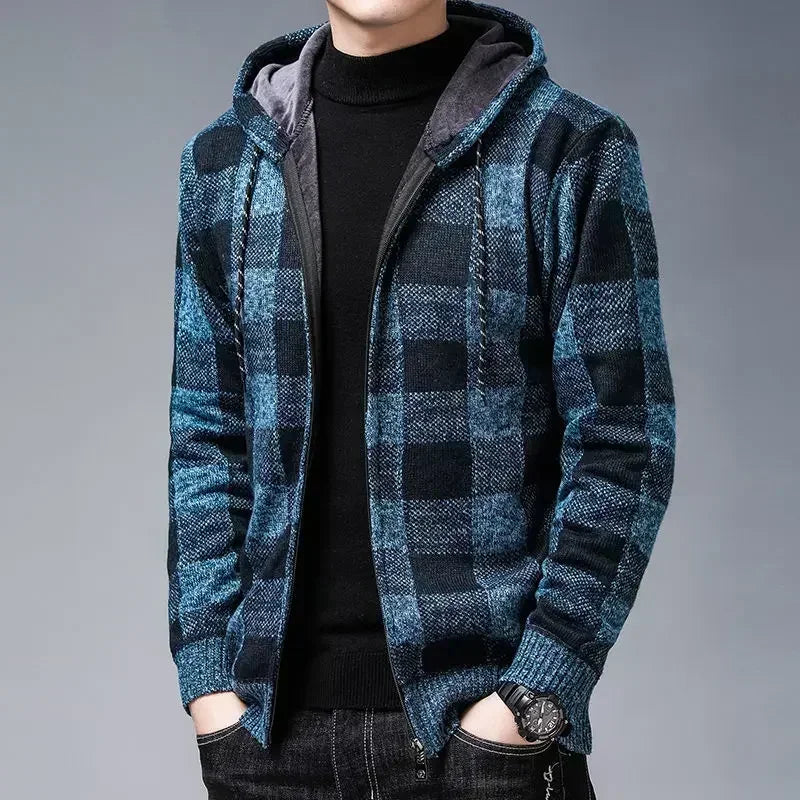 Knit Sweater Male Zipper Plaid Men's Clothing Cardigan Hoodies Zip-up Thick Winter Red Tops Jumpers Casual Stylish Hot Cheap A