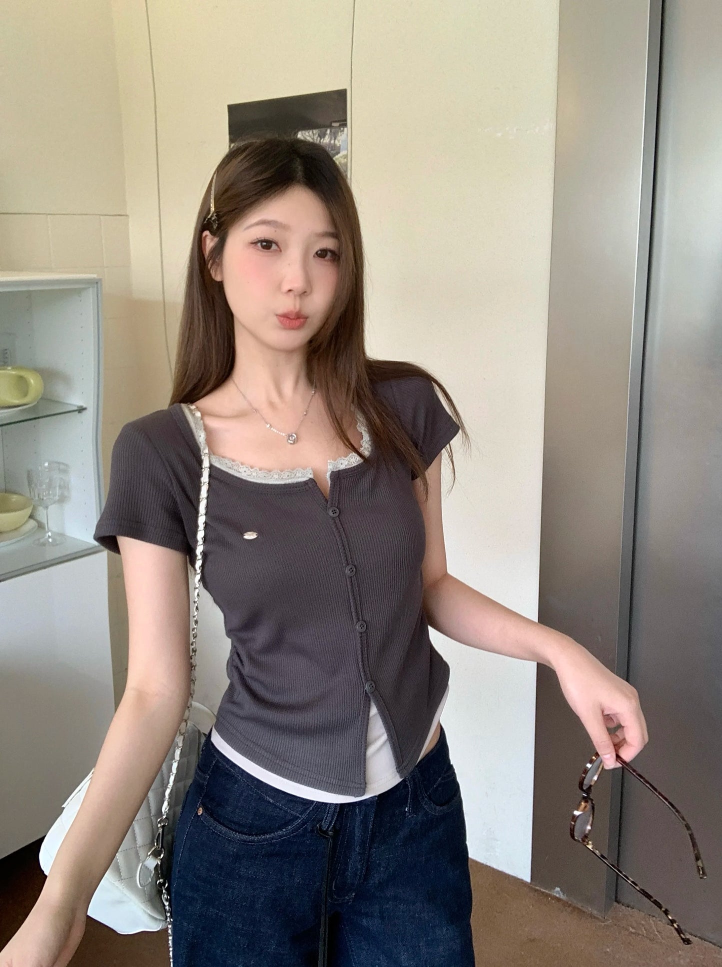 Slimming Short Sleeve T-Shirt Women's Lace Trim Waist-Cinching Curvy Top Pure Desire Sweet Spicy Style Casual Commute Fashion
