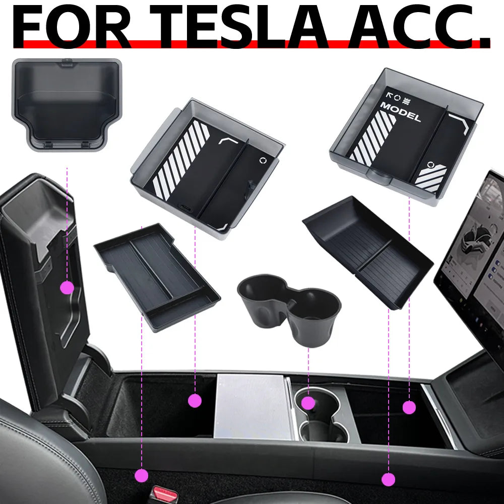 Armrest Organizer Tray Suitable for Tesla Model Y Juniper 2026 Model Y L 6 Seater Translucent ABS Box 2/4/6PCS Silicone Mat Set