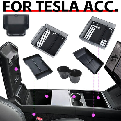 Armrest Organizer Tray Suitable for Tesla Model Y Juniper 2026 Model Y L 6 Seater Translucent ABS Box 2/4/6PCS Silicone Mat Set