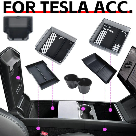 Armrest Organizer Tray Suitable for Tesla Model Y Juniper 2026 Model Y L 6 Seater Translucent ABS Box 2/4/6PCS Silicone Mat Set