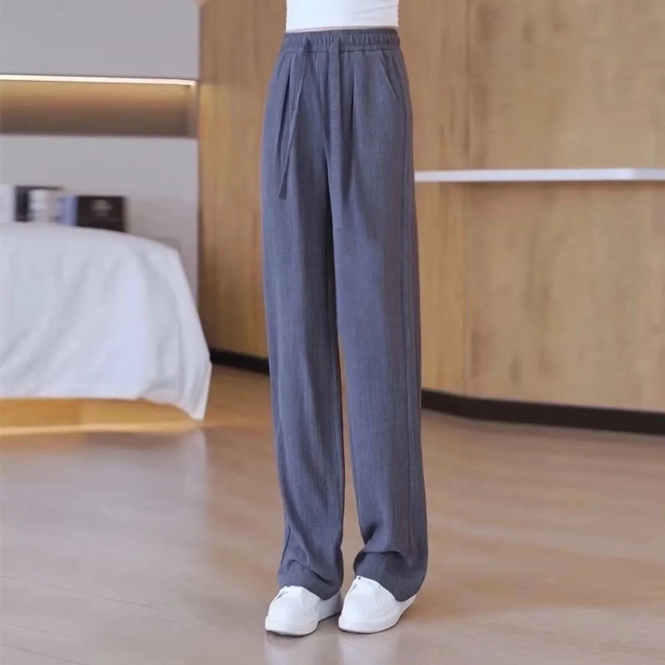 Ice Silk Slim Wide Leg Pants Women's Summer Drapey High Waist Straight Casual Lazy Floor Length Pants Cool Pants