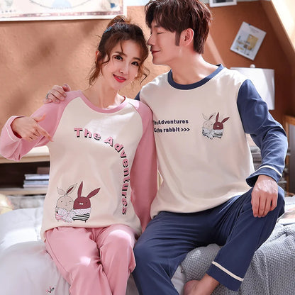 2023 New Cartoon Cute Pajamas Set for Couples Cotton Long Sleeves Sleep Top & Long Pant Spring Nightwear for Men and Women Pjs