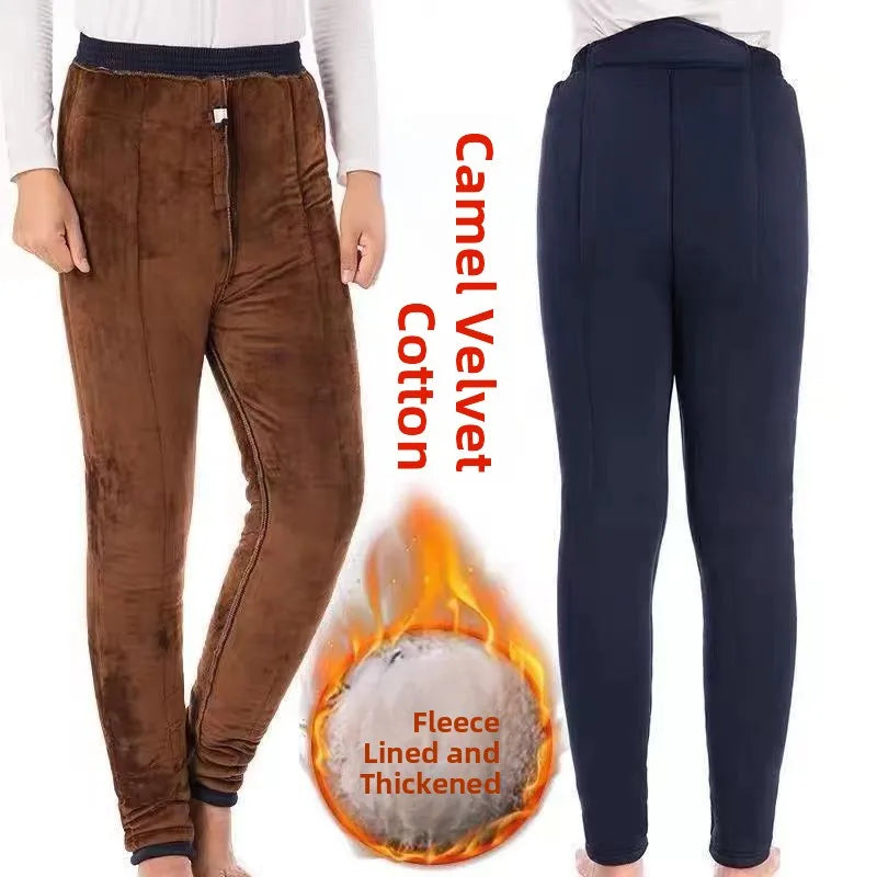 Men's Winter Thickened Fleece Lined Warm Trousers High Waist Camel down Three Layer Loose Anti-Cold Cotton Pants Long Pants