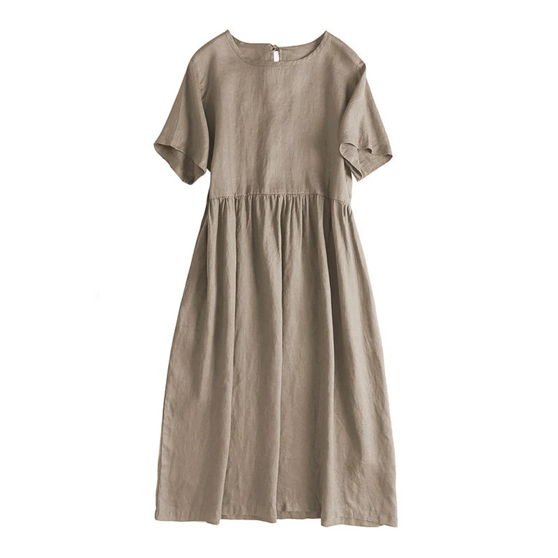 Summer Cotton Linen Women Dresses Vintage Short Sleeve Casual Loose Back Bandage Harajuku Party Club Dress With Pockets