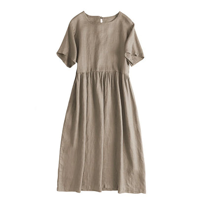 Summer Cotton Linen Women Dresses Vintage Short Sleeve Casual Loose Back Bandage Harajuku Party Club Dress With Pockets