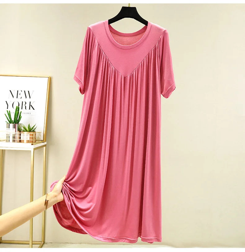 Loose plus Size Sp Dr Modal Women's Summer Thin Home Gown Skirt Sle round Ne ort Sve Long Dr Korean Sle