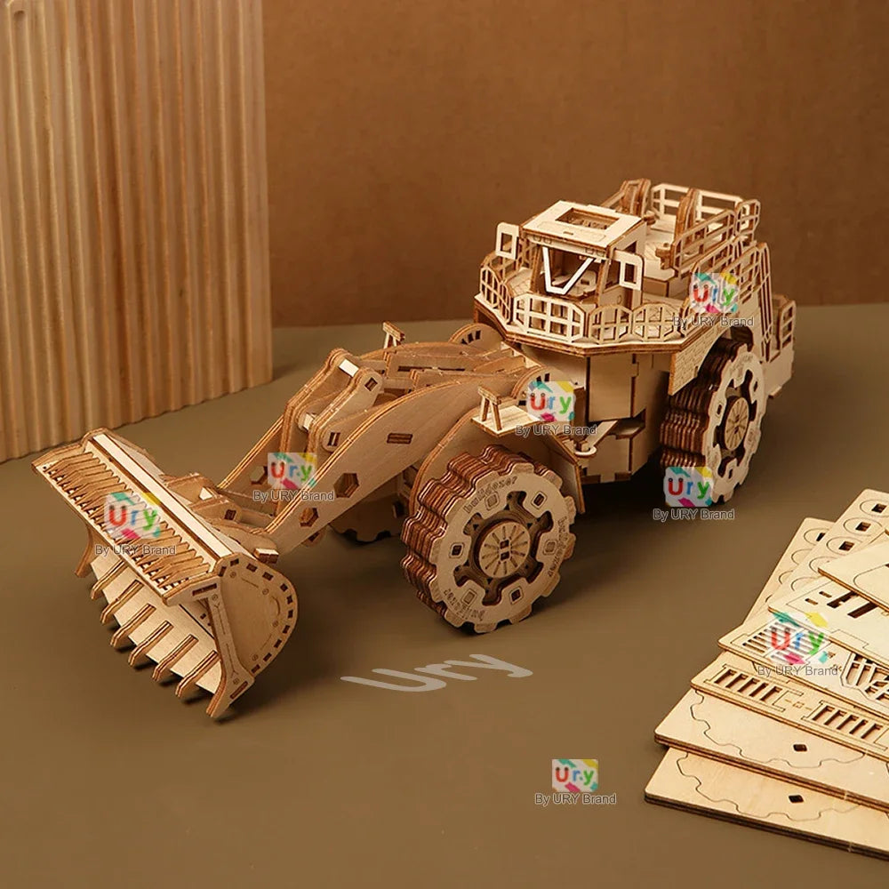 Ury 3D Wooden Puzzle Movable Retro Biplane Crane Bulldozer Handmade Assembly Truck Model DIY Toys Decoration Gift For