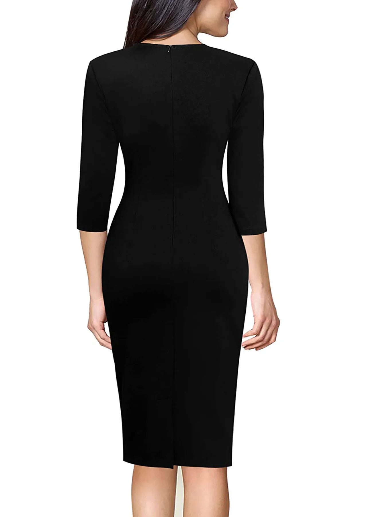 Women Elegant Business V Notch Neck 3/4 Sleeve Autumn Office Work Knee Length Bodycon Dress Geometric Print Patchwork Slim Fit