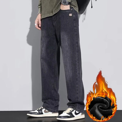 2026 Winter New Men Fashion Vintage Jeans Male Thickened Warm Wide Leg Denim Pants Trend Versatile Straight Leg Trousers
