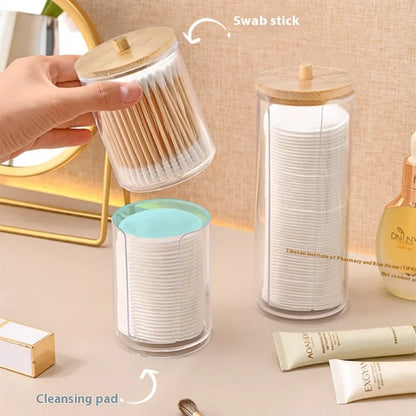 1pcs Cotton Swab Storage Box Acrylic Jar Makeup Organizer, Cotton Round Pad Holder, Q-tip Dispenser with Bamboo Lid