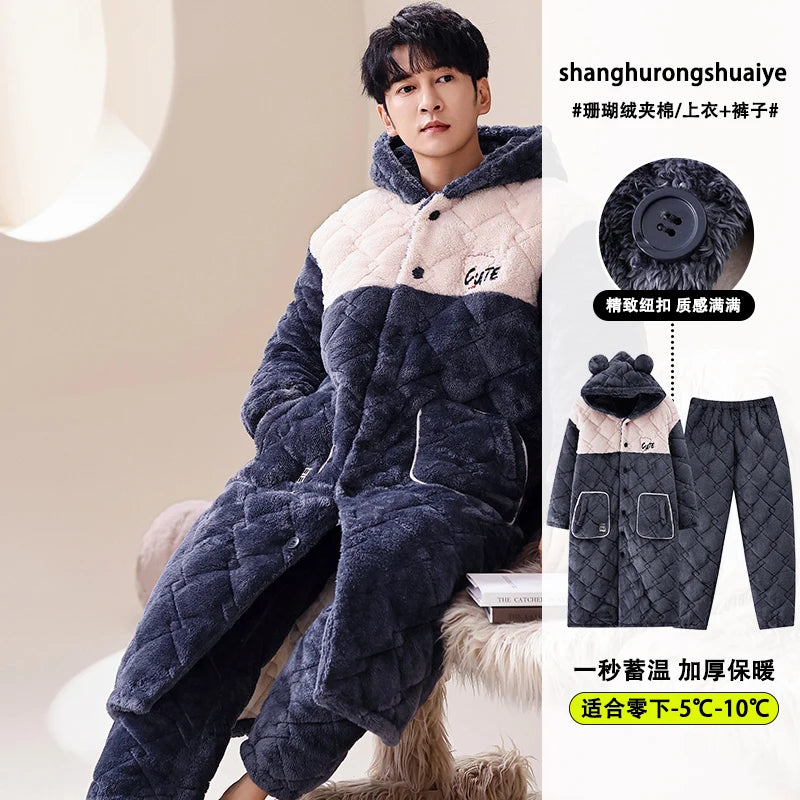 High Quality Winter Men Bath Robe+Pant 3 Layer Clip Cotton Hooded Robe Male Thick Dressing Gown Pijamas Hombre