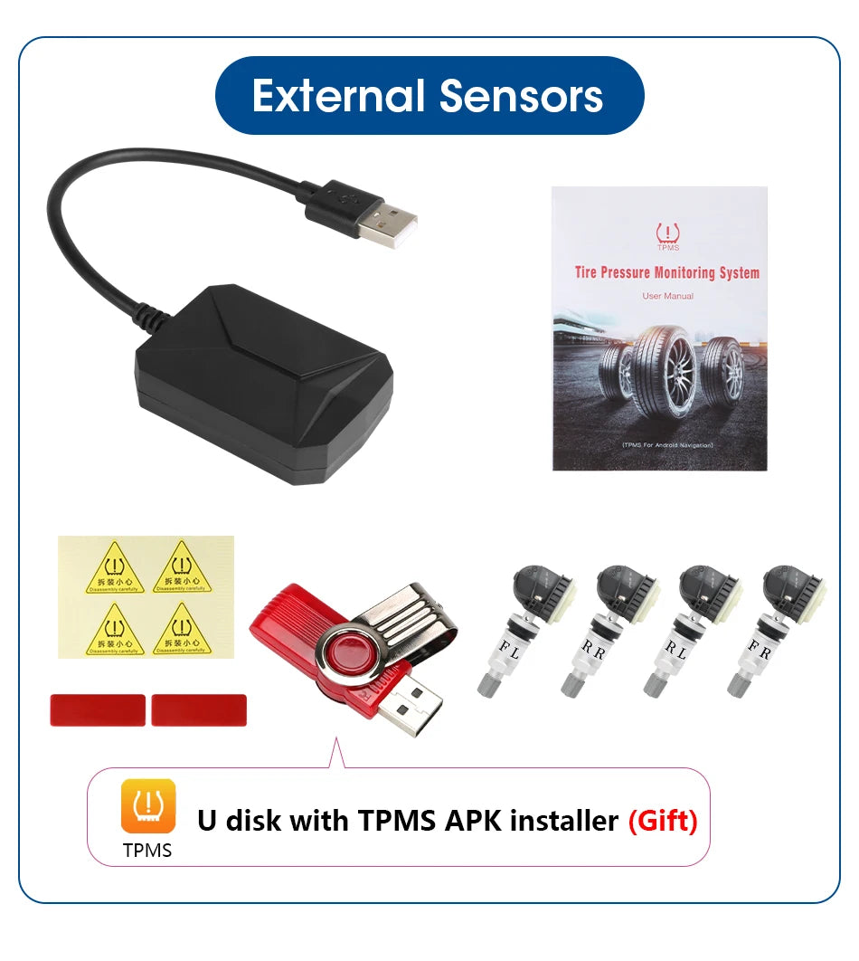 JMCQ USB Android TPMS Tire Pressure Monitoring System Display Alarm System Internal External 5 Sensors For Car Navigation Radio
