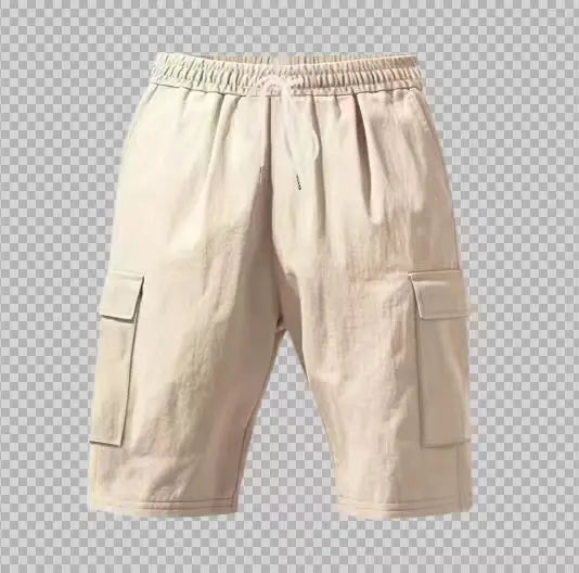 2026 New Summer Casual Cotton and Linen Pocket Solid-Color Shorts, Men's Lace-Up Fashionable and Comfortable Beach Cargo Pants