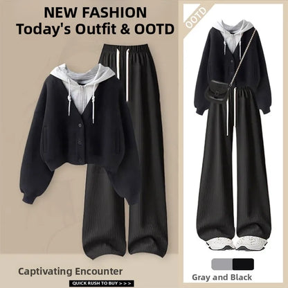 Fashionable Long Sleeve Hoodie And Wide Leg Pants Set Women's Autumn Winter Casual Straight Cut Two Piece Ensemble