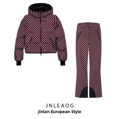 JNLEAOG Autumn New Women's Fashion Snowboarding Series Technical down Cotton Jacket And Flared Pants Set Warm Long Sleeve