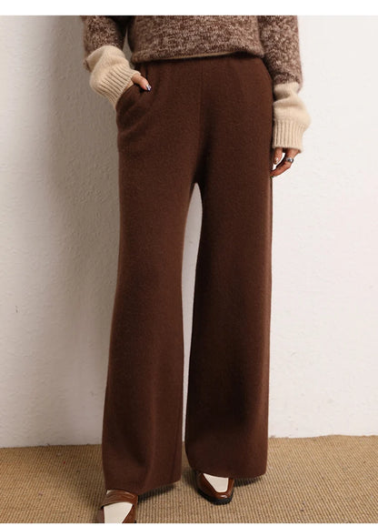 Women's 100% Cashmere Wide Leg Pants Knitted Thick Autumn/Winter Casual Solid Color Elastic Waistband Pockets