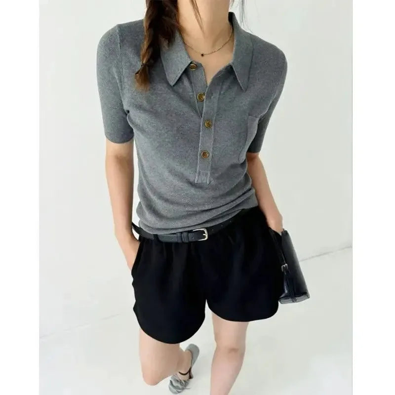 FANAN French Polo Collar Gray Short-sleeved Sweater for Women in Summer Short High-end Style Ice Silk Shoulder T-shirt Top