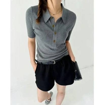 FANAN French Polo Collar Gray Short-sleeved Sweater for Women in Summer Short High-end Style Ice Silk Shoulder T-shirt Top