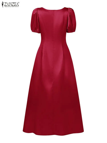 ZANZEA Elegant Chic Women Satin Wedding Guest Party Long Dresses Square Neck Short Puff Sleeve Fitted Waist A-Line Dress S-3XL