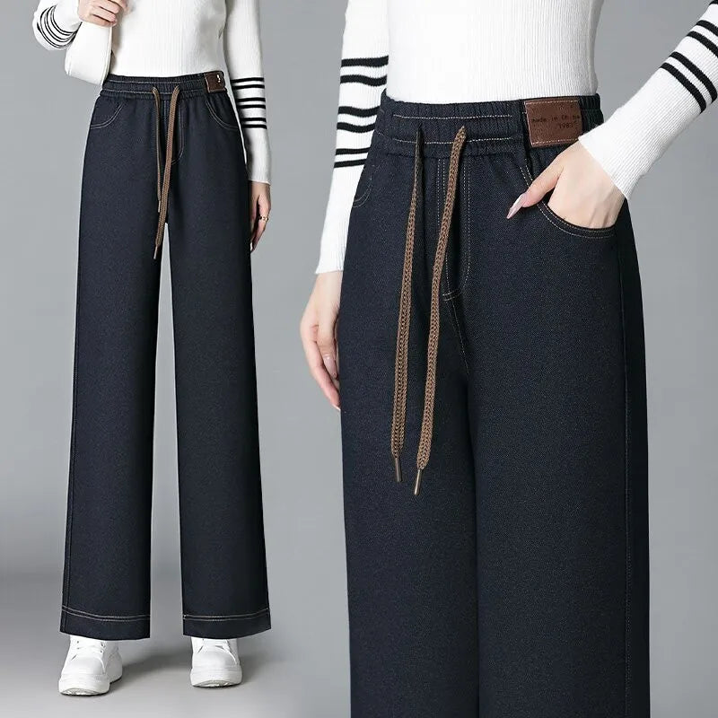 High Waist Fleece Lined Thick Wide Leg Jeans Women's Casual Straight Leg Pants Autumn Winter Loose Fit Comfortable Trousers