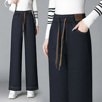 High Waist Fleece Lined Thick Wide Leg Jeans Women's Casual Straight Leg Pants Autumn Winter Loose Fit Comfortable Trousers
