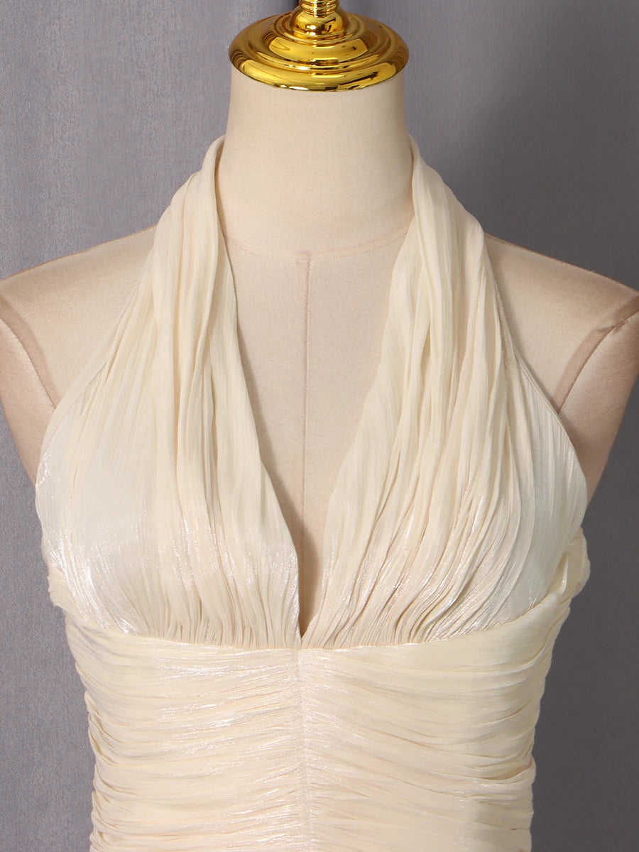 VGH High End Sexy Slimming Tank Top for Women Halter Deep Neck Sleeveless Spliced Folds Tunic Backless Chic Evening Vest Female