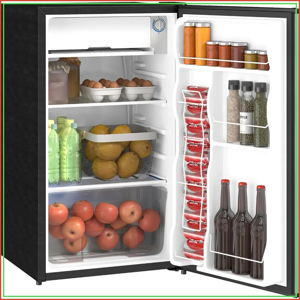 3.2 Cu.Ft Mini Fridge with Freezer, Compact Refrigerator with Adjustable Thermostat, Shelf and Reversible Door for Bedroom, Dorm, Home Office, Energy Efficient, Silver