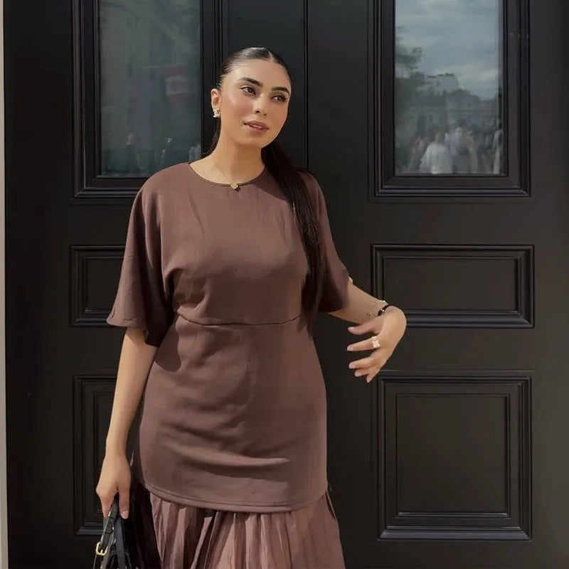 HXAO One Piece Women's Summer Dress Long Knitted Elegant Party Dresses Splicing Pleats Chiffon Short-Sleeved Casual Female Dress
