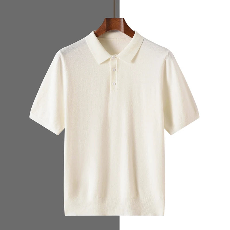 Summer 100% merino wool men's lapel pullover short sleeve POLO neck sweater loose top knitted clothing plus size T-shirt