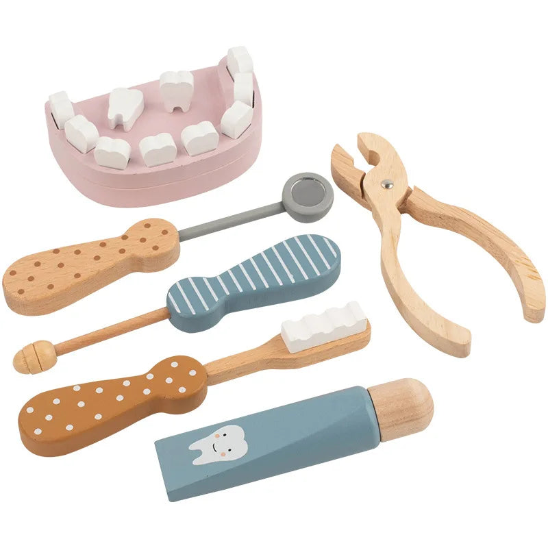 Kids Wooden Pretend Play Doctor Educational Toy Role Playing Games Simulation Dentist Check Brush Teeth Medicine Set Gifts
