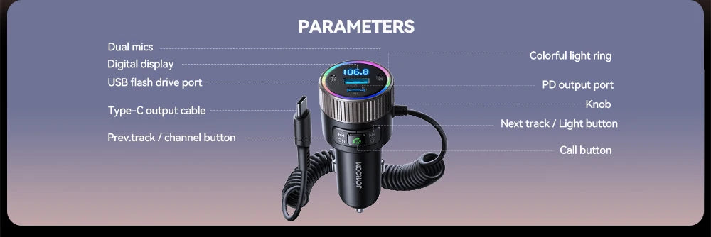 Joyroom 60W Bluetooth 5.4 Car FM Transmitter PD QC 3.0 Cigarette Lighter Adapter Hands-Free Call Fast Charging Car Charger