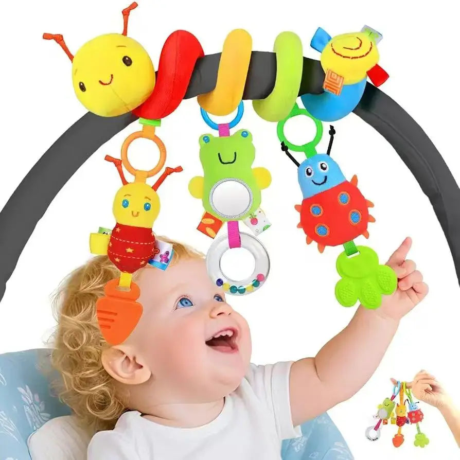 Baby Spiral Stroller Hanging Toy,Soft Plush Animal Rattle with detachable Teether&Mirror,Infant Car Seat Sensory Activity Toy