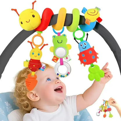 Baby Spiral Stroller Hanging Toy,Soft Plush Animal Rattle with detachable Teether&Mirror,Infant Car Seat Sensory Activity Toy