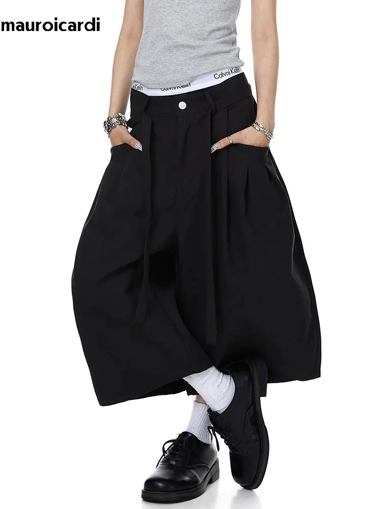 Mauroicardi Spring Summer Loose Soft Baggy Black Scimitar Wide Leg Shorts for Men High Waist Sashes Knee Length Pants Clothes