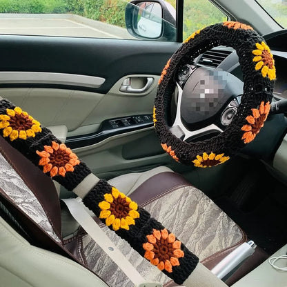 Warm Anti-Slip Hand Crocheted Flower Car Steering Wheel Cover Simple Stylish Winter Car Decor Safe Driving Seat Belt Accessory