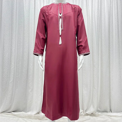 Large Loose Muslim Men's Round Neck Embroidered Robe Comfortable And Breathable Solid Color Long Style