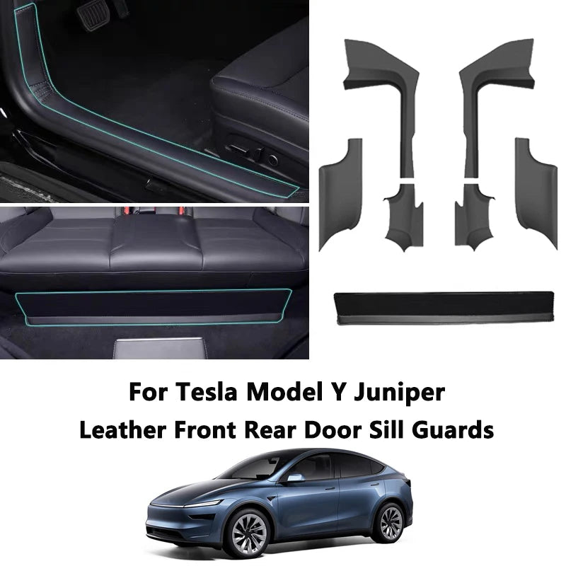 Front Rear Door Sill Protection Pads For Tesla Model Y Juniper Leather Threshold Bumper Strip Guards Anti-kick Pad Accessories