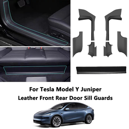 Front Rear Door Sill Protection Pads For Tesla Model Y Juniper Leather Threshold Bumper Strip Guards Anti-kick Pad Accessories