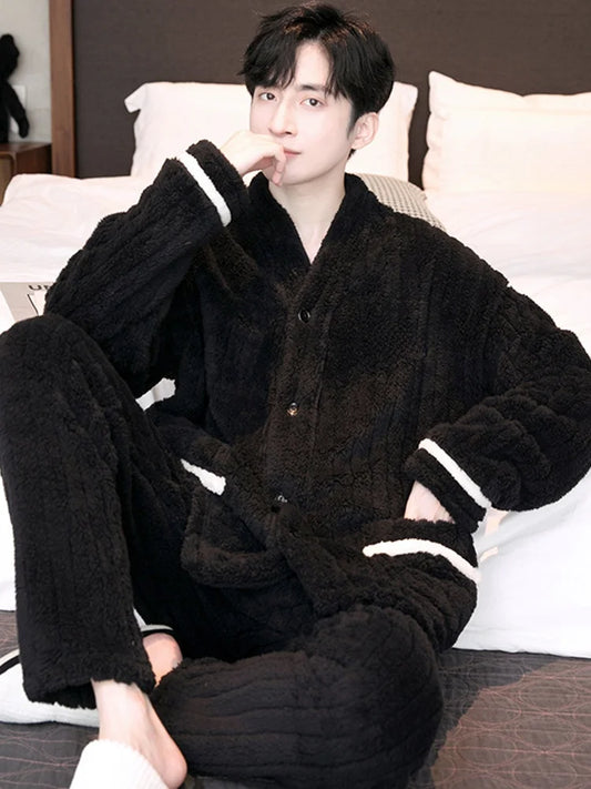 Thick Coral Fleece Sleepwear Men's Autumn Winter Casual Large Size Outdoor Wearable Flannel Home Clothes Set V-Neck Long Sleeve