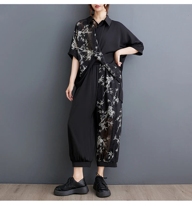Summer New Loose Artistic Bamboo Print Cross Irregular irt Wide Leg Pants Two Piece Set Good Quali plus Size Faionable