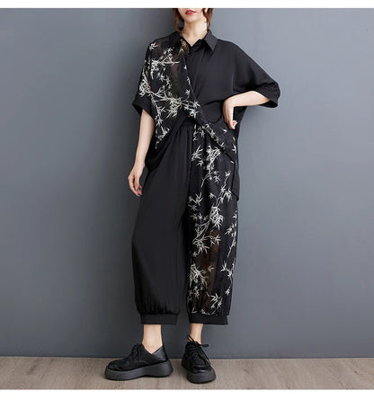 Summer New Loose Artistic Bamboo Print Cross Irregular irt Wide Leg Pants Two Piece Set Good Quali plus Size Faionable