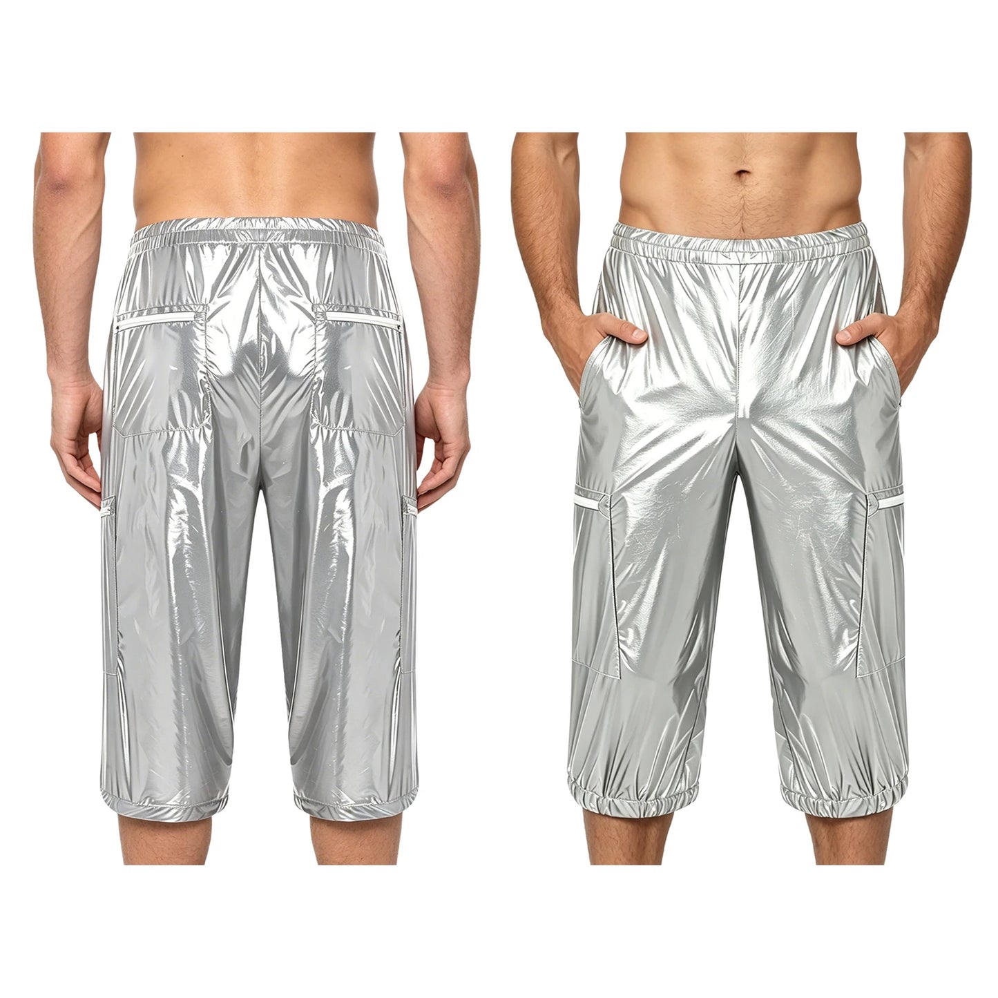 Men Oil Glossy Cargo Shorts Waterproof Elastic Waist Band Multi-pocket Zipper Overalls Capri Pants Dance Clubwear Beach Swimwear
